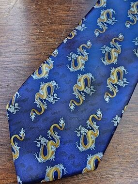 Kai Long Blue Gold Chinese Dragon Silk Tie Handmade Lunar New Year Necktie